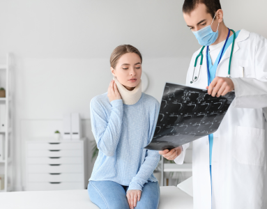 patient in neck brace being shown x-rays by a doctor