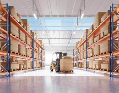 fork lift in the center of a warehouse