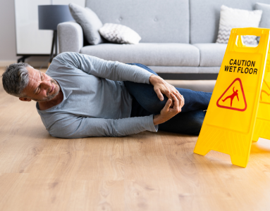man on ground holding injured knee near wet floor sign after a slip and fall