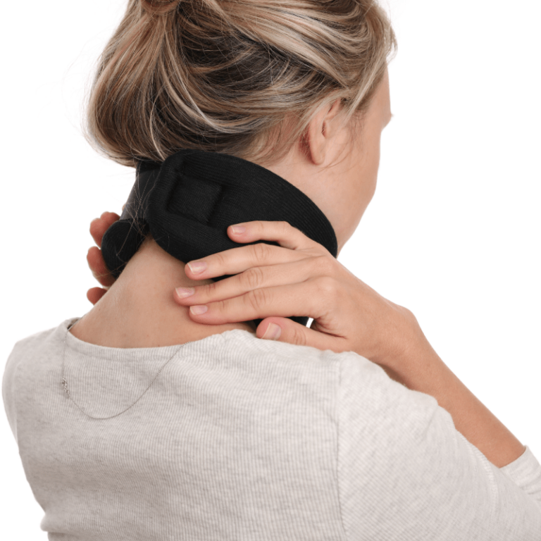 woman in neck brace placing both hands on neck