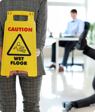 someone holding the caution wet floor sign backwards in an office settings